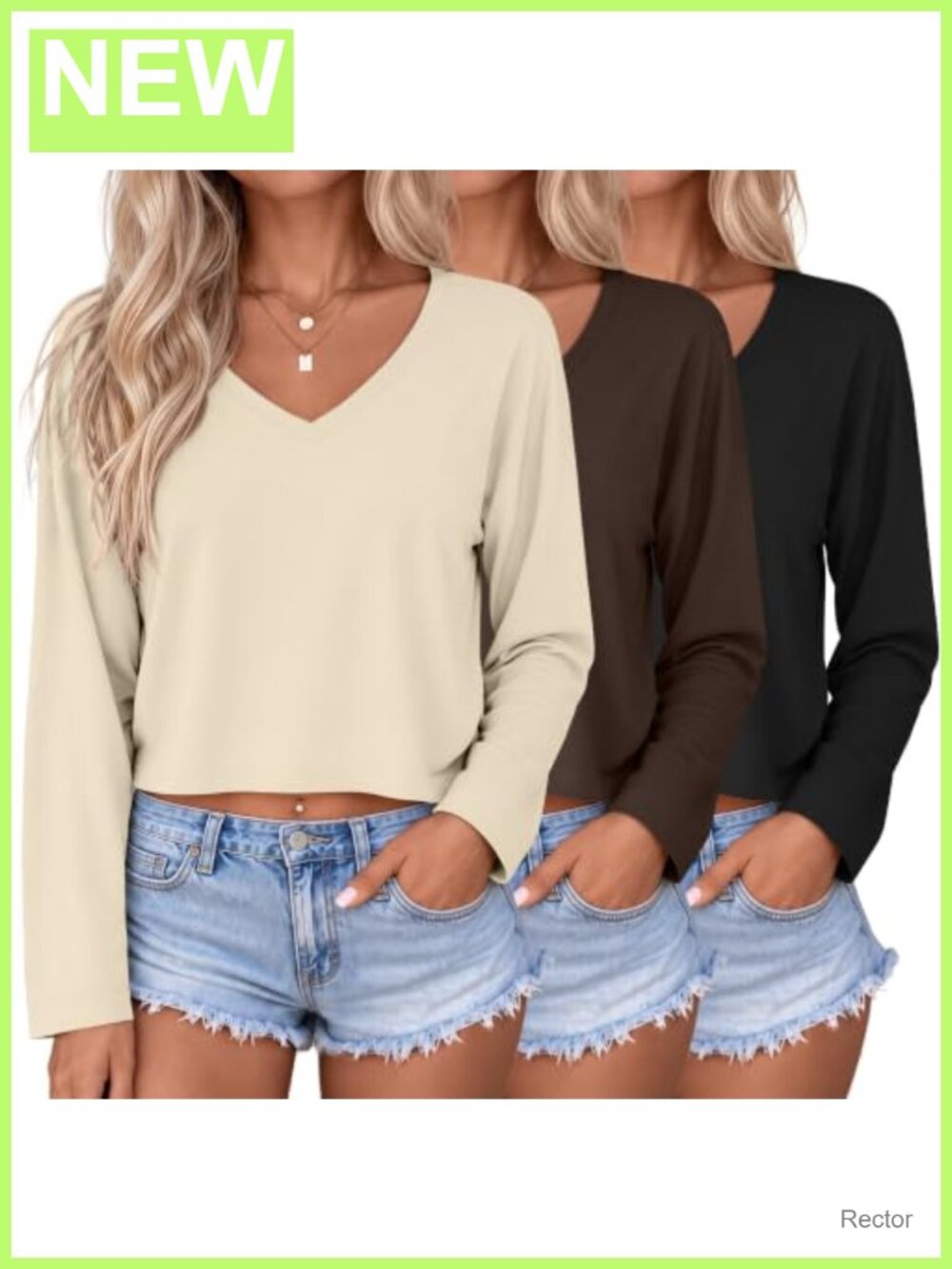 Women's V Neck Crop Tops Long Sleeve T-Shirts 3 Pack